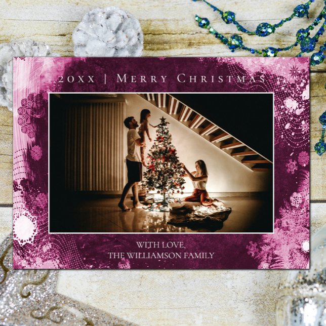 Magenta Frosted Snöflingor julfotkort Julkort (Magenta Frosted Snowflakes Christmas Photo Card)