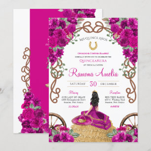 Magenta Fuchsia Rosa Blommigt Western Quinceañera Inbjudningar