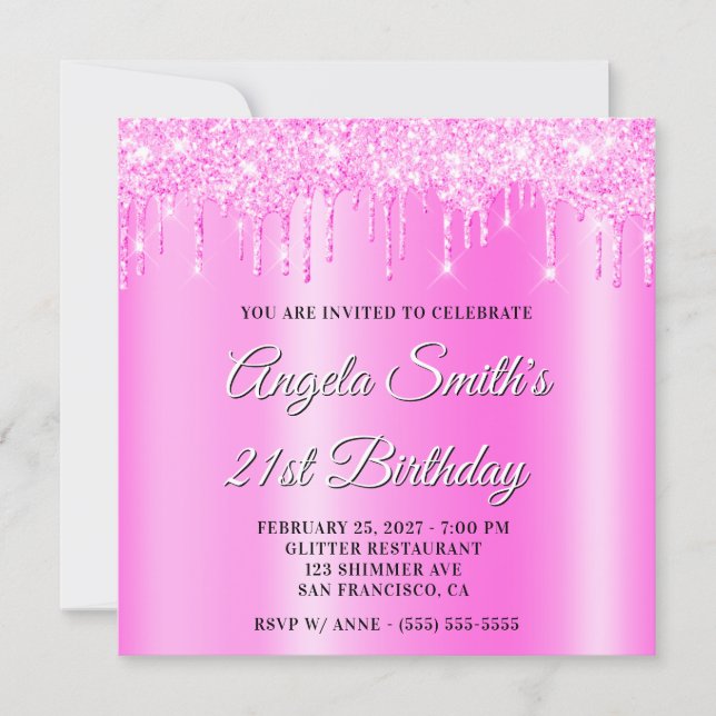 Magenta Glitter Drips Shimmer Ombre Droppskugga Inbjudningar (Framsida)