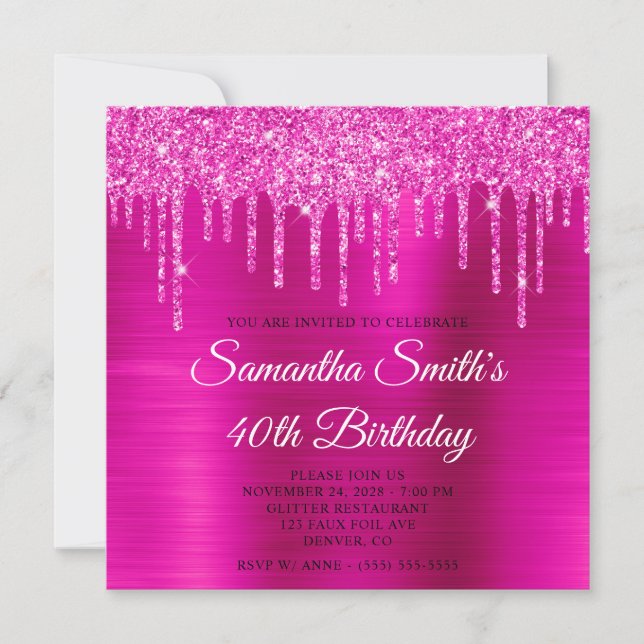 Magenta Glitter Drips Shock rosa Foil 40:e födelse Inbjudningar (Framsida)