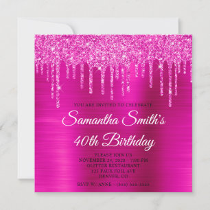 Magenta Glitter Drips Shock rosa Foil 40:e födelse Inbjudningar
