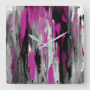Magenta Grått Black and White Abstrakt Fyrkantig Klocka