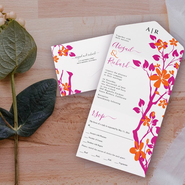 Magenta gren och orange blommor initialer bröllop (Skapare uppladdad)