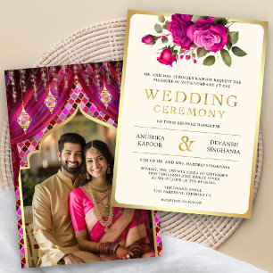 Magenta Guld Blommig Indisk Hinduisk Foto Bröllop Inbjudningar