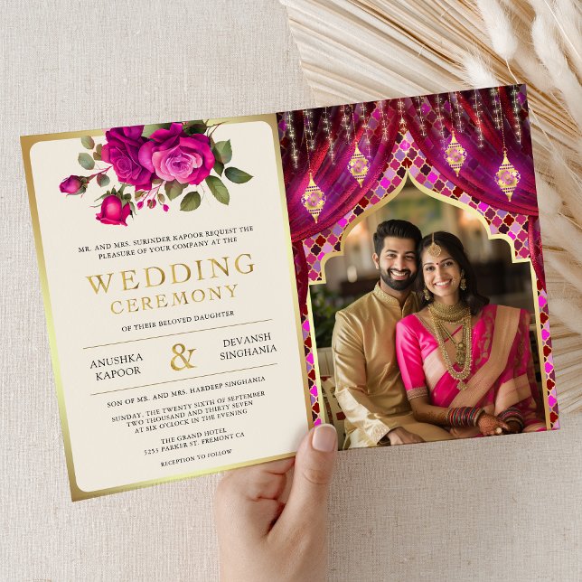 Magenta Guld Blommigt Curtain Indian Hindu Bröllop Inbjudan (Skapare uppladdad)
