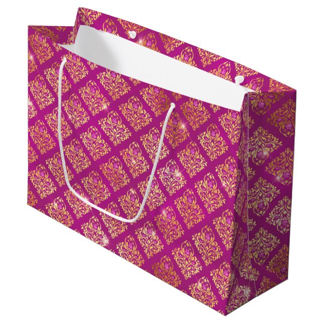 Magenta & Guld Damask Glittermönster (Framsidan Vinklad)