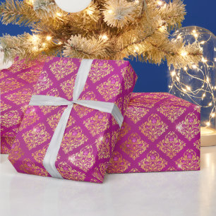 Magenta & Guld Damask Glittermönster Presentpapper