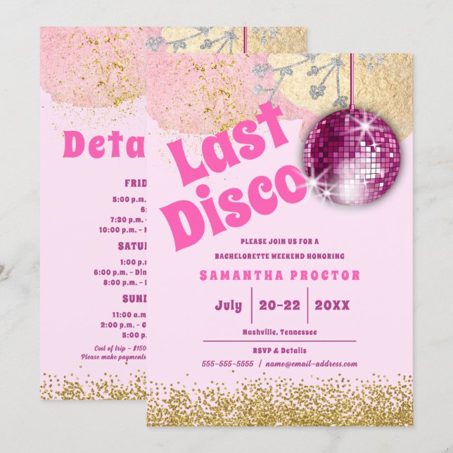 Magenta Guld Last Disco Retro Glam Bachelorette Inbjudningar (Fram/baksida)