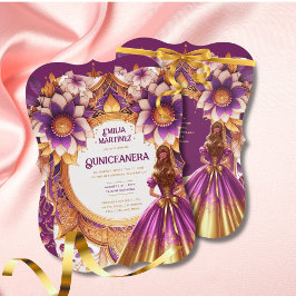 Magenta Guld Quinceañera Dress Princess Sweet16 Inbjudningar