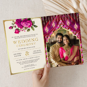 Magenta guldblommig gardin indisk hinduisk bröllop inbjudan