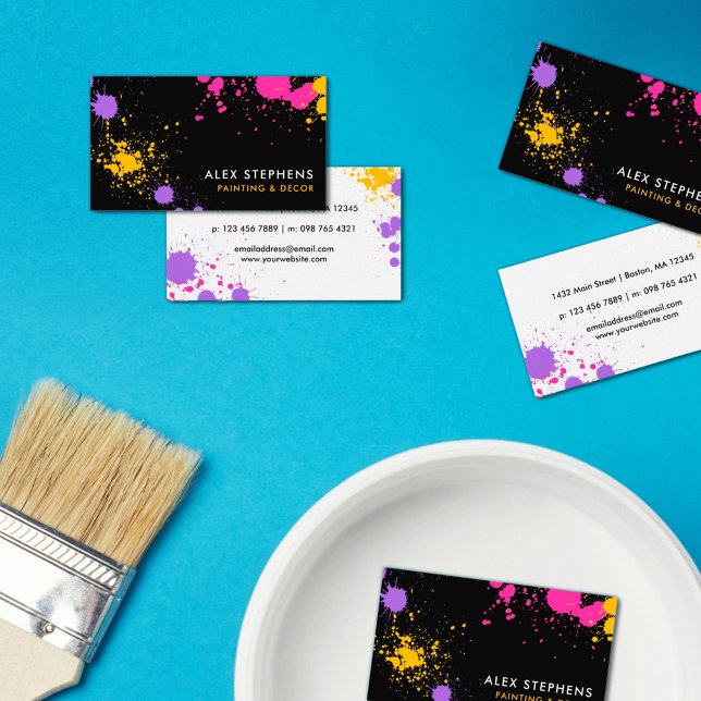Magenta Gult Lila Black Paint Splatter Visitkort (Skapare uppladdad)