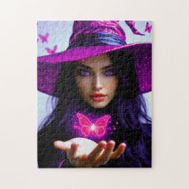 Magenta Halloween Magic Witch med butterlfiler Pussel