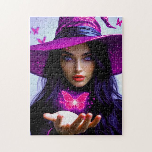 Magenta Halloween Magic Witch med butterlfiler Pussel (Vertikal)