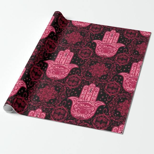 Magenta Hamsa Hand på Black Benice Presentpapper (Utrullad)