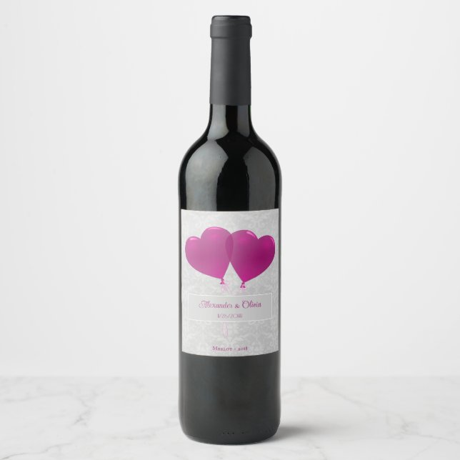 Magenta Heart Balloons Bröllop Vin-etikett Vinflaska Etikett (Framsida)