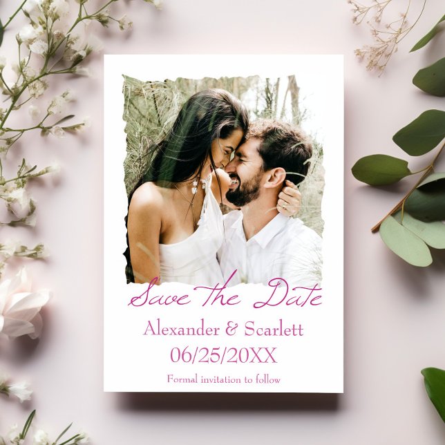 Magenta Jagged Ram Photo Save Date Meddelande (Magenta Jagged Frame Photo Save the Date)