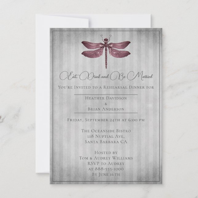 Magenta Jueled Dragonfly Rehearsal Dinner Inbjudningar (Framsida)