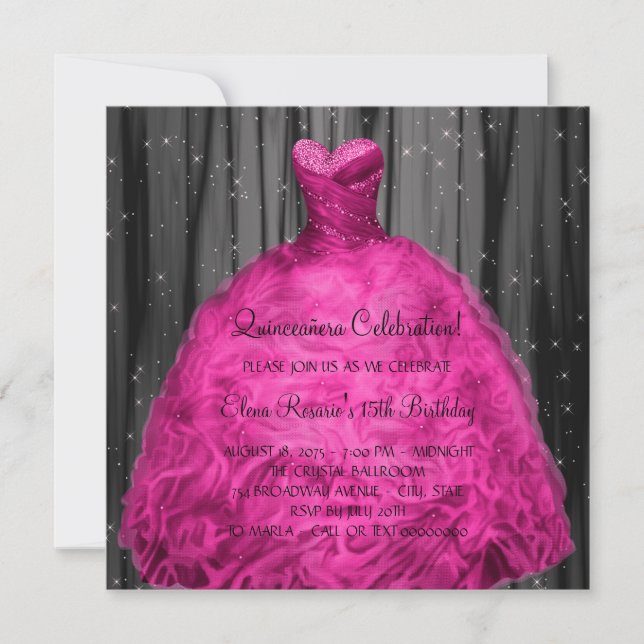 Magenta Klänning Quinceanera Inbjudningar (Framsida)