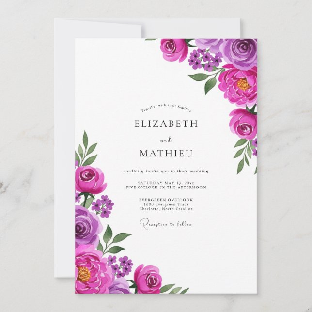 Magenta konstnärlig blomstring bröllop inbjudningar (Framsida)