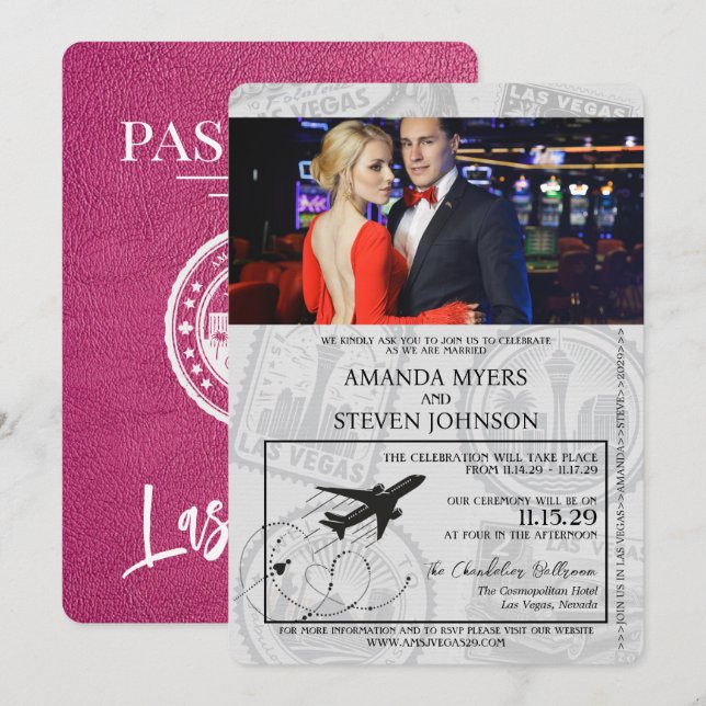 Magenta Las Vegas Passport Bröllop Inbjudningar (Fram/baksida)