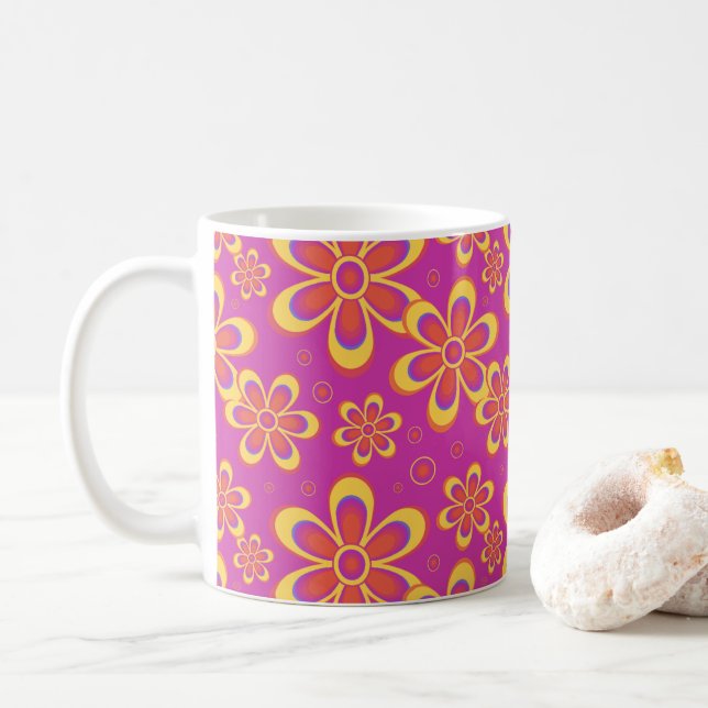 Magenta Lila blommor Sömlös Mönster Kaffemugg (Med munk)