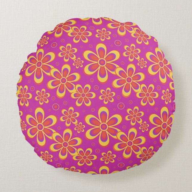 Magenta Lila blommor Sömlös Mönster Rund Kudde (Framsidan)