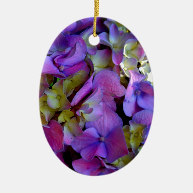 Magenta Lila blue gult Hydrangeas blommor Julgransprydnad Keramik (Framsidan)