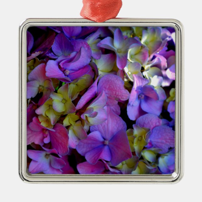 Magenta Lila blue gult Hydrangeas blommor Julgransprydnad Metall (Framsidan)