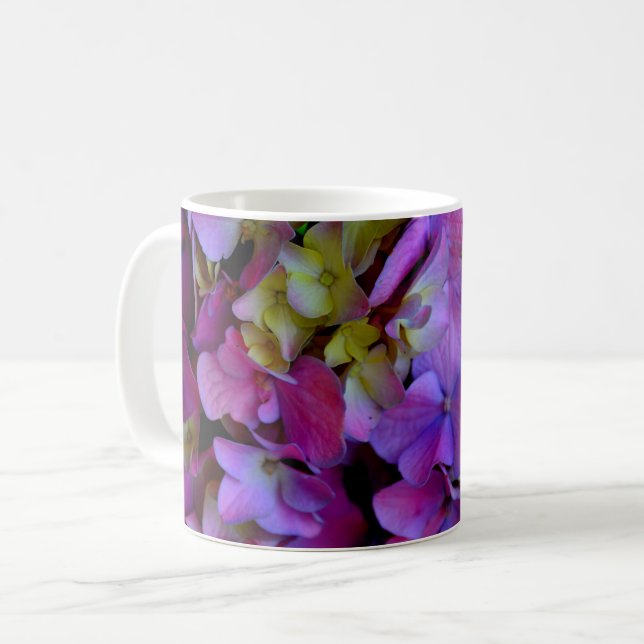Magenta Lila blue gult Hydrangeas blommor Kaffemugg (Framsida vänster)