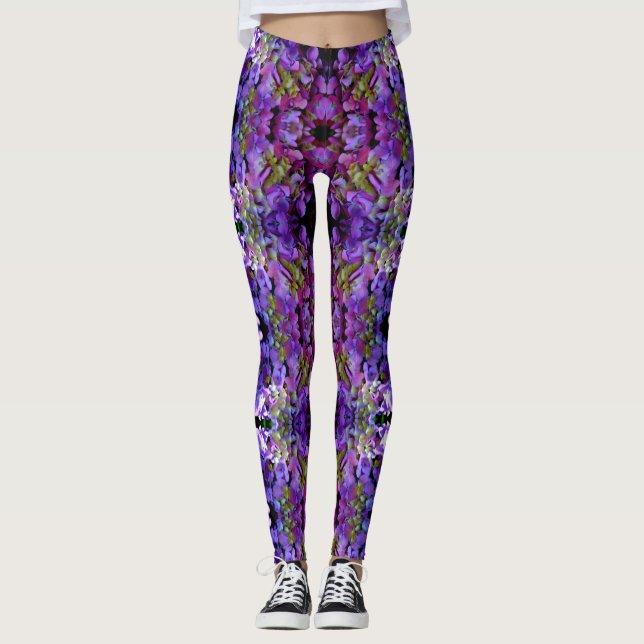 Magenta Lila blue gult Hydrangeas blommor Leggings (Framsida)