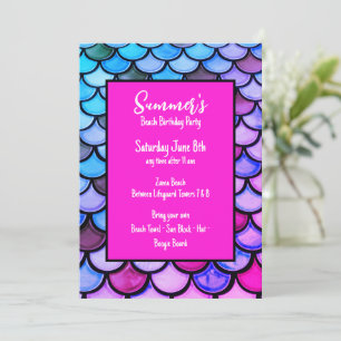 Magenta Lila Blue Sjöjungfru Scales Beach Birthday Inbjudningar