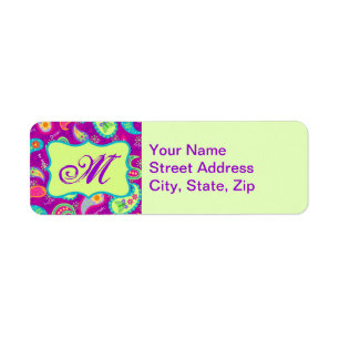 Magenta Lila Grönt Modern Paisley Monogram Returadress Etikett
