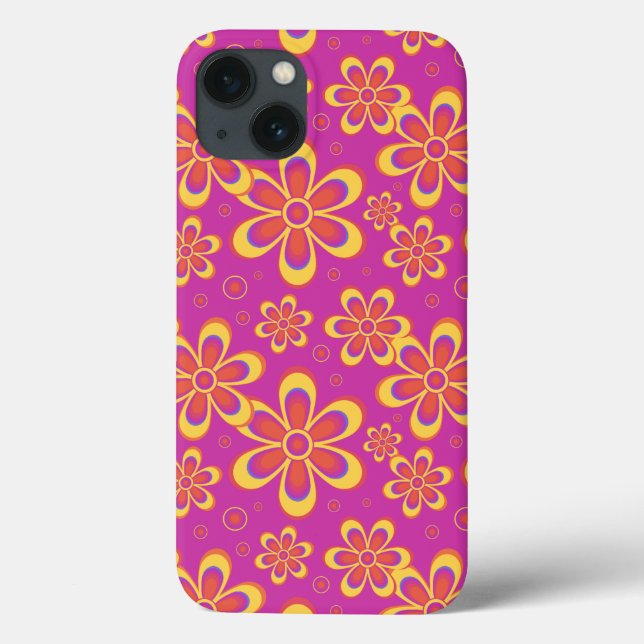 Magenta Lila Gult Groovy Flower Mönster (Baksida)