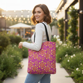 Magenta Lila Gult Groovy Flower Mönster Tygkasse