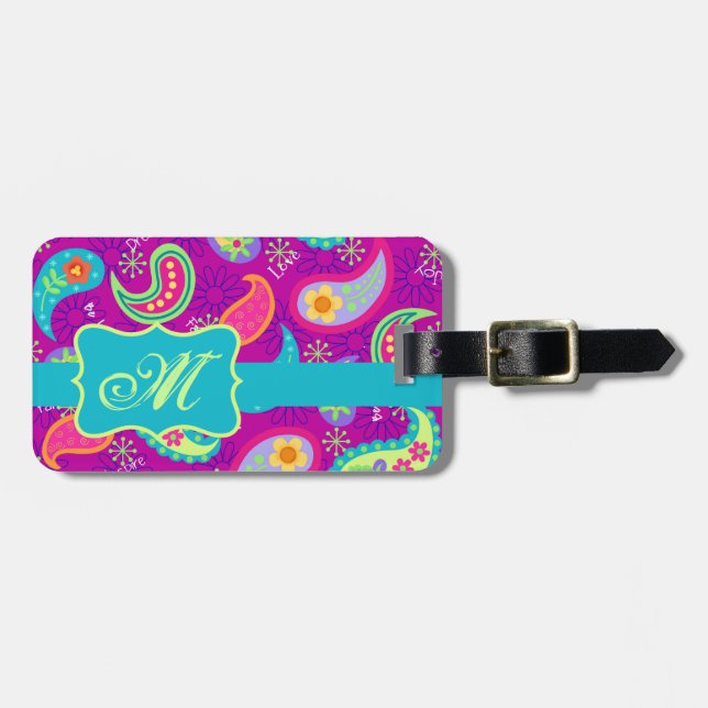 Magenta Lila Turcos Modern Paisley Mönster Bagagebricka (Horisontell Framsida)