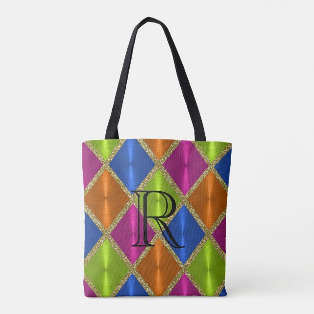 Magenta Lime Blue Guld Harlequin med Monogram Tygkasse (Baksida)