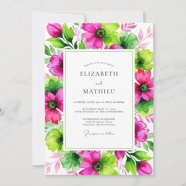 Magenta Lime Vivid Botanical Wedding Inbjudningar (Framsida)