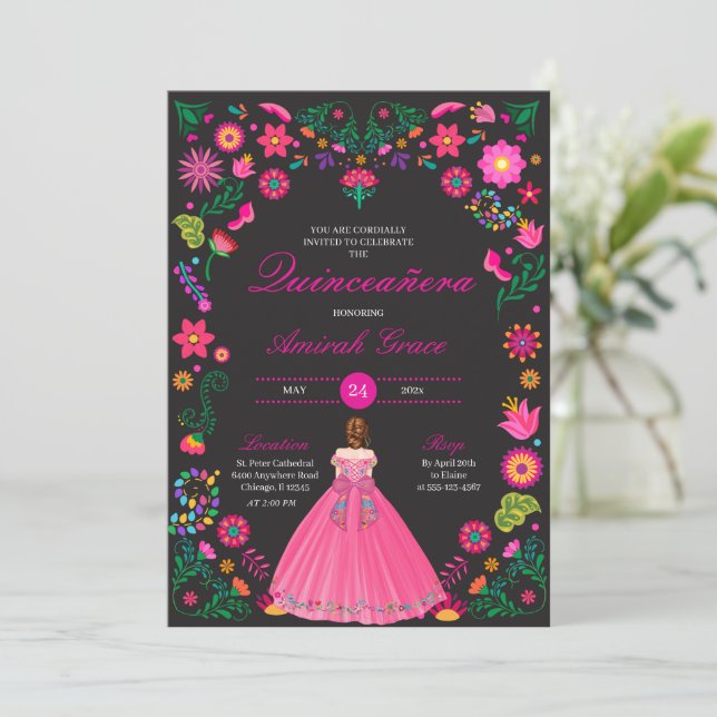 Magenta Mexikanska Embroidery Quinceañera-inbjudan Inbjudningar (Stående Fram)