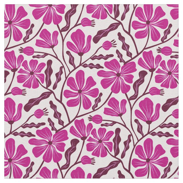 Magenta Mid Century Modern Floral Pattern Tyg (Närbild)