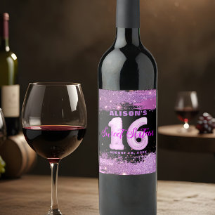 Magenta Modern Glam Sweet sixteen Birthday Vinflaska Etikett