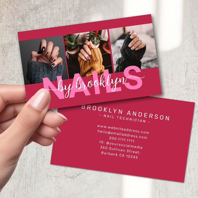 Magenta Modern Photo Typography Nail Artist Visitkort (Skapare uppladdad)