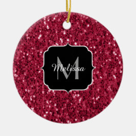 Magenta mörk rosa röd gnistra glitter Monogram Julgransprydnad Keramik