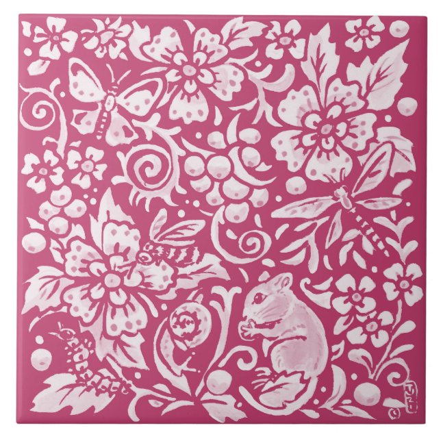 Magenta Mouse Snigel Animal Nature Woodland Blommi Kakelplatta (Framsidan)