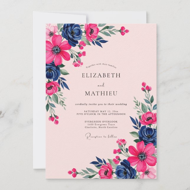 Magenta Navy Botanical Spring Wedding Inbjudningar (Framsida)