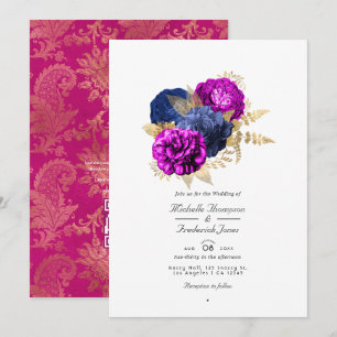 Magenta Navy och Guld Blommig Bröllops QR-kod Rsvp Inbjudningar