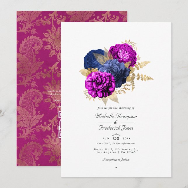 Magenta Navy och Guld Blommig Bröllops QR-kod Rsvp Inbjudningar (Fram/baksida)