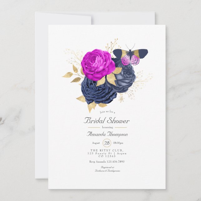 Magenta Navy och Guld Blommig Bröllopsdusch Inbjudningar (Framsida)