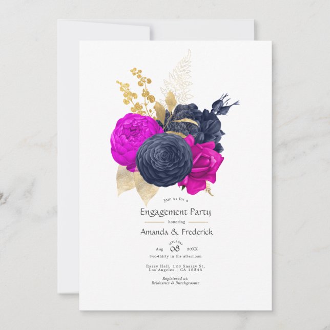 Magenta Navy och Guld Blommig Förlovningsfest Inbjudningar (Framsida)