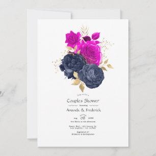 Magenta Navy och Guld Blommig Par Bröllopsdusch Inbjudningar