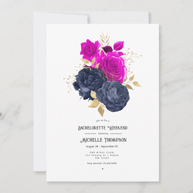 Magenta Navy och Guld Blommigt Bachelorette Helg Inbjudningar (Framsida)